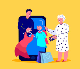 Old Aged Pensioner,Grandparent Granny Woman Shopping Online.Smartphonre Digital Internet Market Shop.Consumer Buy Clothes, Dress,T-shirts Home. Purchase with Consultant Seller.Flat Vector Illustration