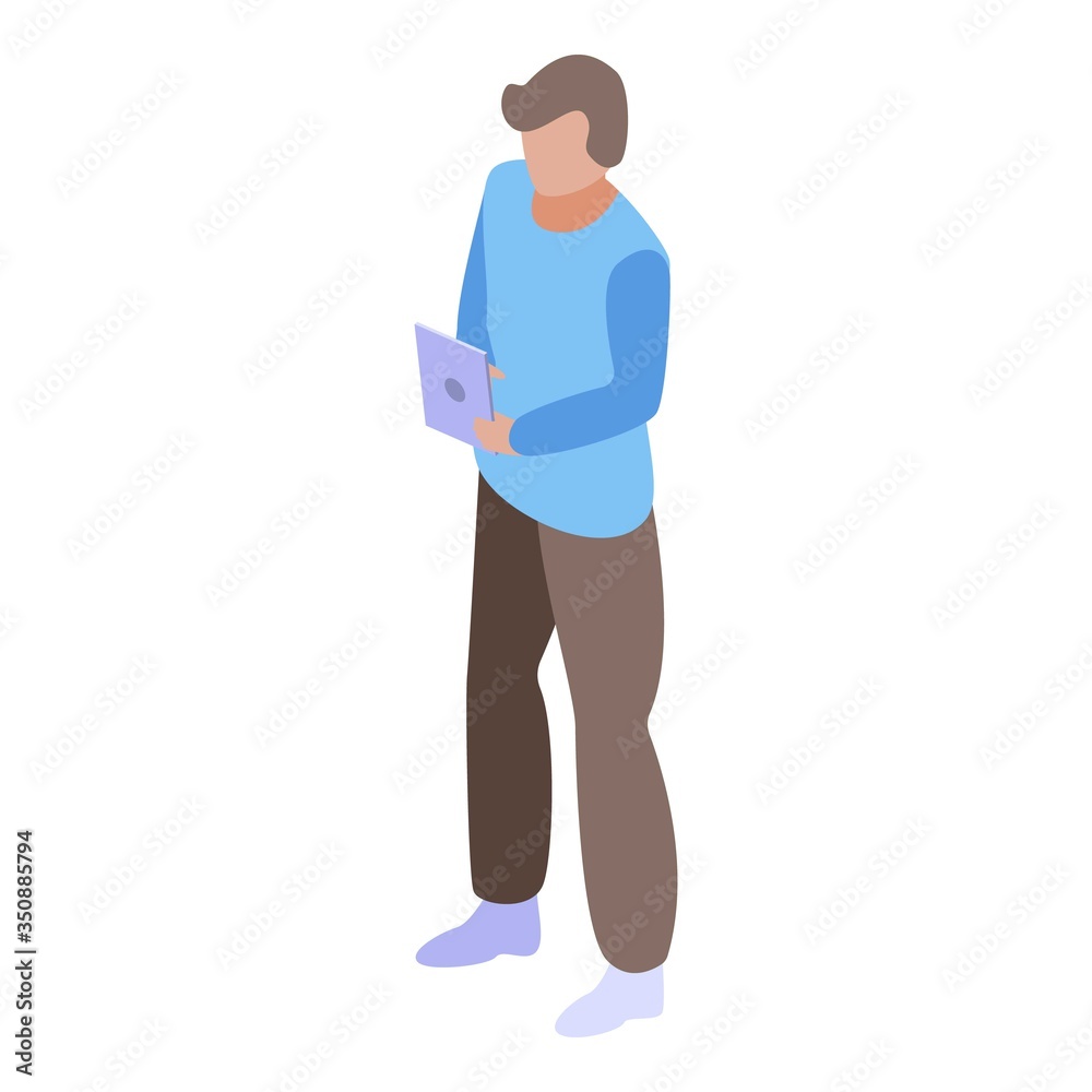 Poster man with tablet icon. isometric of man with tablet vector icon for web design isolated on white back