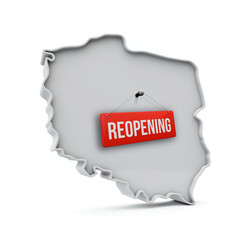 Poland map with red reopening sign after quarantine. 3D Rendering