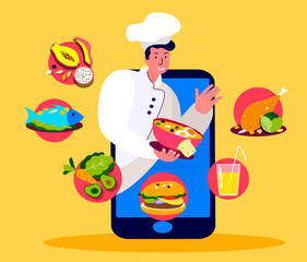 Young Cook Cooking Different Food Dish Online.Internet Restaurant.Smartphone Application Menu.Dinner Catering Service.Lunch Meal. Home Delivery,Quarantine.Digital Technologies.Flat Vector Illustration