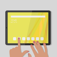 Woman hands are located tablet and finger touch screen. Cartoon flat vector illustration of  minimalistic design for web site or mobile app