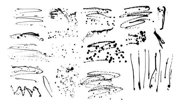 Collection Of Various Ink Splashes. Paint Splatter Blotches Isolated On White Background. Vector.