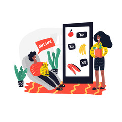 Man and woman at home making online grocery order.