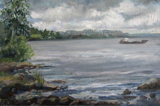 Grey summer day, volga river, oil painting