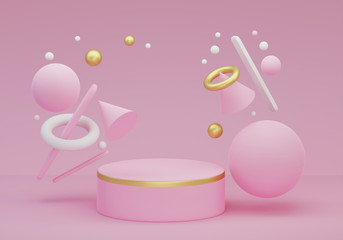 Stage Podium Scene with geometric shapes on pink background. Blank product stand, mock up. 3d illustration
