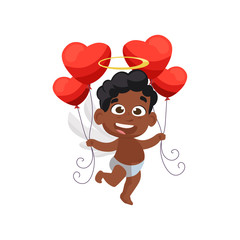 Afro cupid holding red air balloons illustration. Kid, love, romantic, angel. Saint Valentines Day concept. illustration can be used for topics like romantic, love, celebration, greeting card