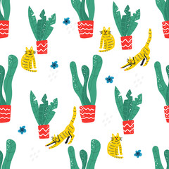 Seamless vector floral pattern with cats, flowers and leaves. Decorative textile, wrapping paper design