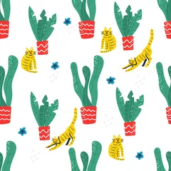 Wall murals Plants in pots Seamless vector floral pattern with cats, flowers and leaves. Decorative textile, wrapping paper design
