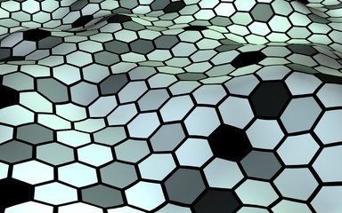 Honeycomb with a gradient color. Perspective view on polygon look like honeycomb. Wavy surface. Isometric geometry. 3D illustration