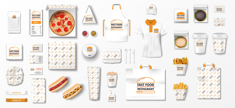 Mockup for pizzeria, cafe, fast food restaurant. Branding set of pizza, uniform, popcorn, hamburger, hot dog, paper pack. Coffee, Fast food package elements Top view. vector