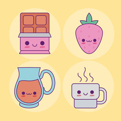 Kawaii chocolate strawberry juice jar and coffee mug vector design