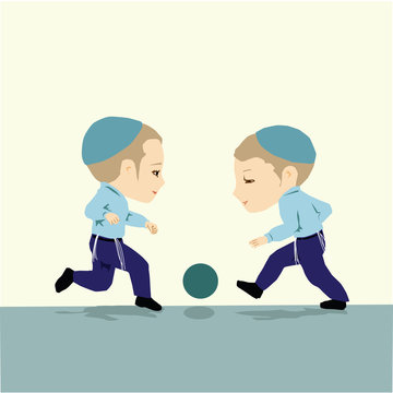 Two ultra Orthodox religious Jewish children with caps on their heads and tzitzit playing ball.
Pastel flat vector drawing.