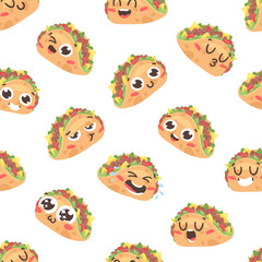 Cartoon drawing set of fast food emoji. Hand drawn emotional meal.Actual Vector illustration american cuisine. Creative ink art work mexican tacos