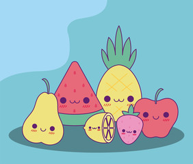 Kawaii fruits cartoons vector design