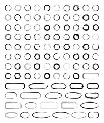 Collection of textured round frames isolated on white background. Set of black templates with splashes and spray in form circle and o-shaped, and elliptical in a dirty and freehand style.