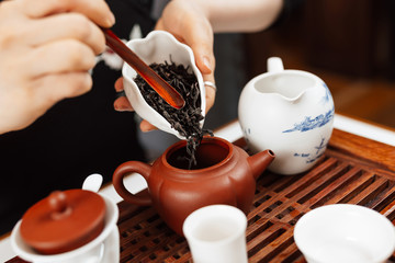 Chinese tea ceremony. Girl pours tea leaf into a teapot