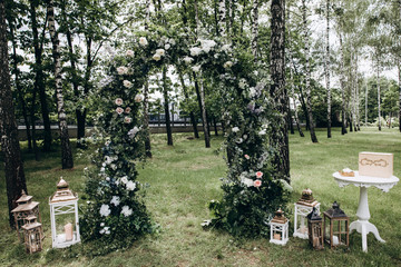 Ceremony area. Wedding flower arch.