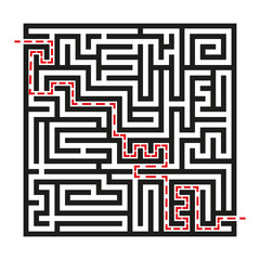 Black square vector maze with solution isolated on white background. Black labyrinth with one right way. Vector maze icon. Labyrinth symbol. Kids puzzle