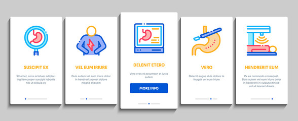 Gastroenterology And Hepatology Onboarding Mobile App Page Screen Vector. Gastroenterology Department, Stomach Ache And Analysis, Fat Food And Unhealthy Drink Color Illustrations