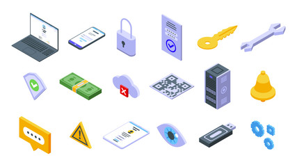 Multi-factor authentication icons set. Isometric set of multi-factor authentication vector icons for web design isolated on white background