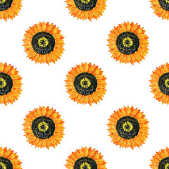Sunflowers - watercolor seamless pattern. Summer mood bright colorful illustration on white background. For print, textile, cover, gift cover, decoration.