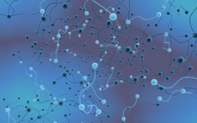 Neural network. Social network. Futuristic blue background. Abstract molecule, cell illustration, mycelium. Hi tech purple background. 3D illustration