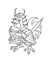 Samurai Chicken or Rooster in armor of japanese warrior and with sword. Ninja Cock Mascot for fast food restaurant or sushi and fried meat delivery. Logo character illustration. Coloring page line art