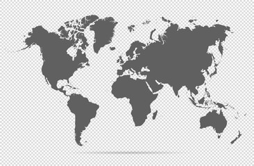 Map world. Worldwide globe. Worldmap global. Grey continents on transparent background. Simple flat gray silhouette map world. Planet earth. Editable continents for travel design. Geography map world