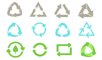 Waste recycling signs set. Eco logos, arrows, reusable waste marks. Vector illustration for biodegradable packaging, environment protection, reducing trash concept