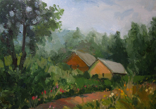 Houses in summer, country life, oil painting