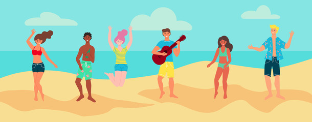 Young people in summer clothes dance and have fun on the beach. The concept of beach parties. Advertising banner, poster, postcard, flyer. Flat cartoon vector illustration.