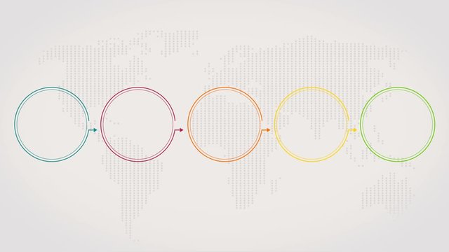 Color circle folowchart on world map.Template for timeline infographic for text and icons. Alpha matte. 4K