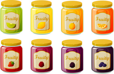 Vector illustration of jam marmalade and jelly in glass jars isolated on white background.