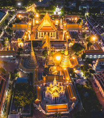 Aerial view of Grand Palace temple in Bangkok Thailand during lockdown covid quarantine at night