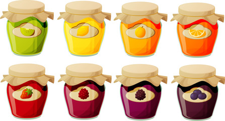 Vector illustration of jam marmalade and jelly in glass jars isolated on white background.