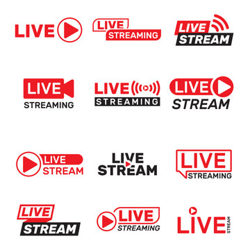 Live stream buttons set. Play sign player logo, multimedia content, TV banner. Vector illustrations for broadcasting, news, video channel design