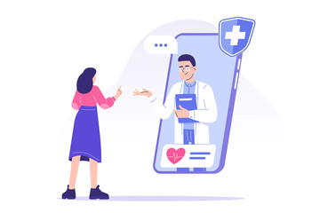 Online doctor concept. Professional male doctor giving advice to patient through smartphone. Telemedicine and online healthcare. Video call to doctor. Telehealth. Modern isolated vector illustration 
