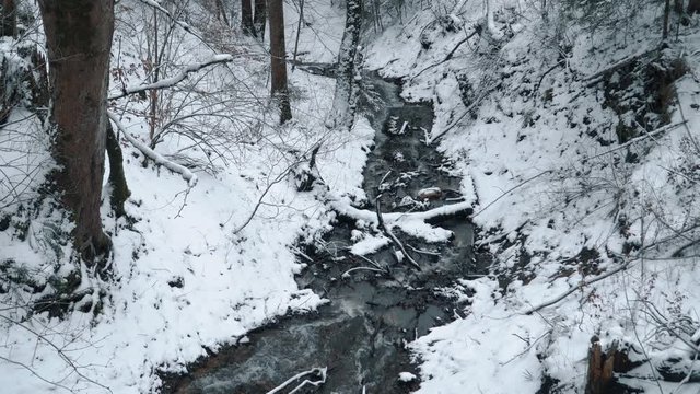 Winter Mountain Stream. Forest Stream. Mountain River. Beauty in nature.Winter Landscape. A small mountain stream in the winter. Snowy Creek. 4k video.