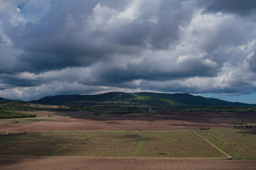 view of the valley with young vineyards, dramatic sky