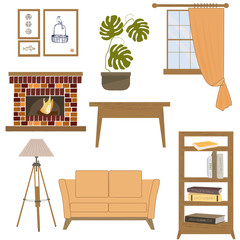 Living room, home interior collection of stylish comfy furniture set, sofa, table, lamp and cabinet with books, window, fireplace isolated vector illustration.