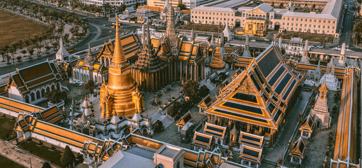 Aerial view of Grand Palace temple in Bangkok Thailand during lockdown covid quarantine