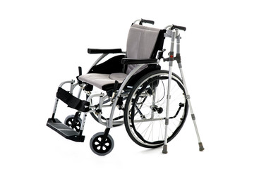 Black disability wheelchair crutch, Invalid chair, wheelchair and crutches isolated on White...