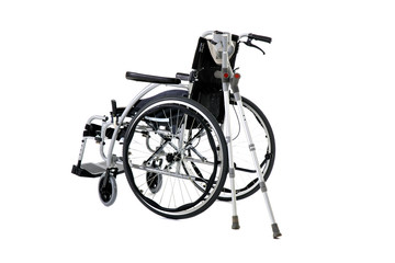 Black disability wheelchair crutch, Invalid chair, wheelchair and crutches isolated on White...