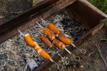barbecue grill with meat sausages on coals