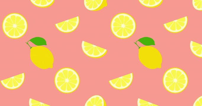 Citrus seamless pattern. Lemon slices on pink background. Fruit collection. Animation 4K