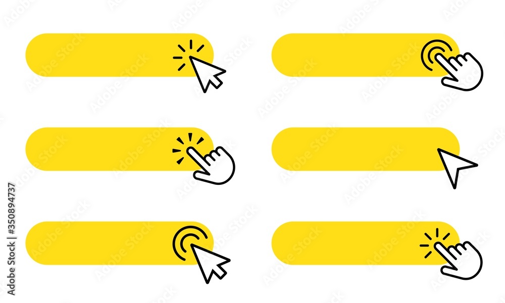 Fototapete yellow buttons with clicking hand or arrow pointer set. click here vector template.
