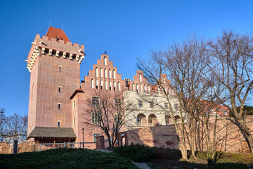 Fototapeta na wymiar red brick tower reconstructed royal castle in Poznan..
