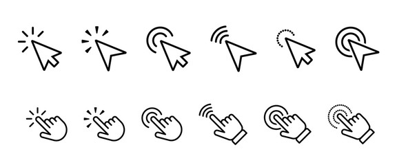 Clicking cursor and hand click outline icon collection. Various types of press button