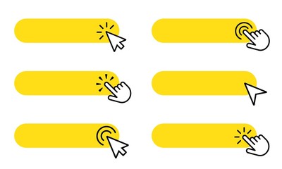 Yellow buttons with clicking hand or arrow pointer set. Click here vector template.  - obrazy, fototapety, plakaty