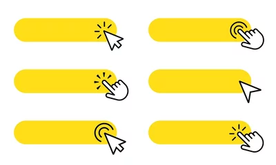 Fotobehang Yellow buttons with clicking hand or arrow pointer set. Click here vector template.  © Marina